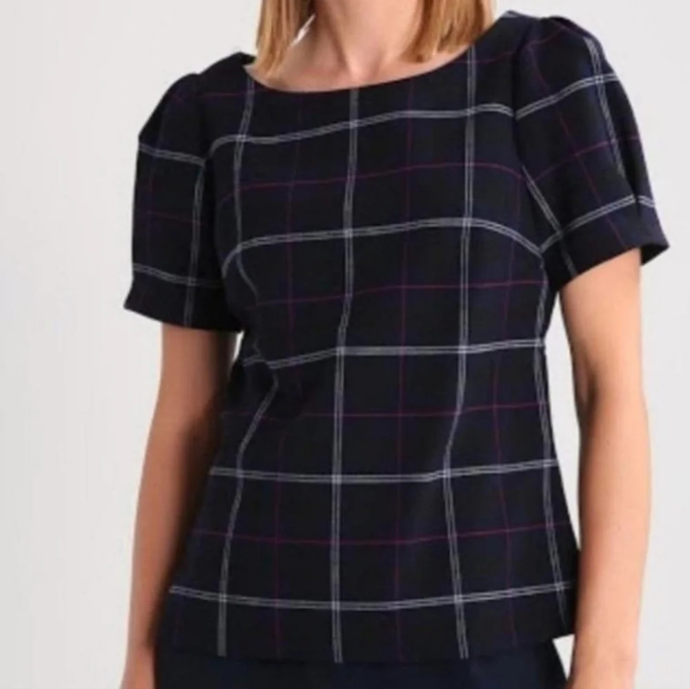 Banana Republic Emie Puff Short Sleeve Navy Blue Grid Small Blouse